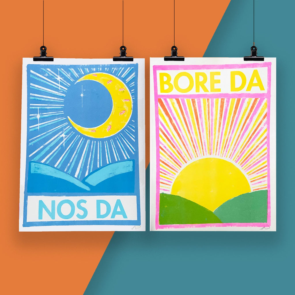 Bore Da and Nos Da Risograph A4 Print Set