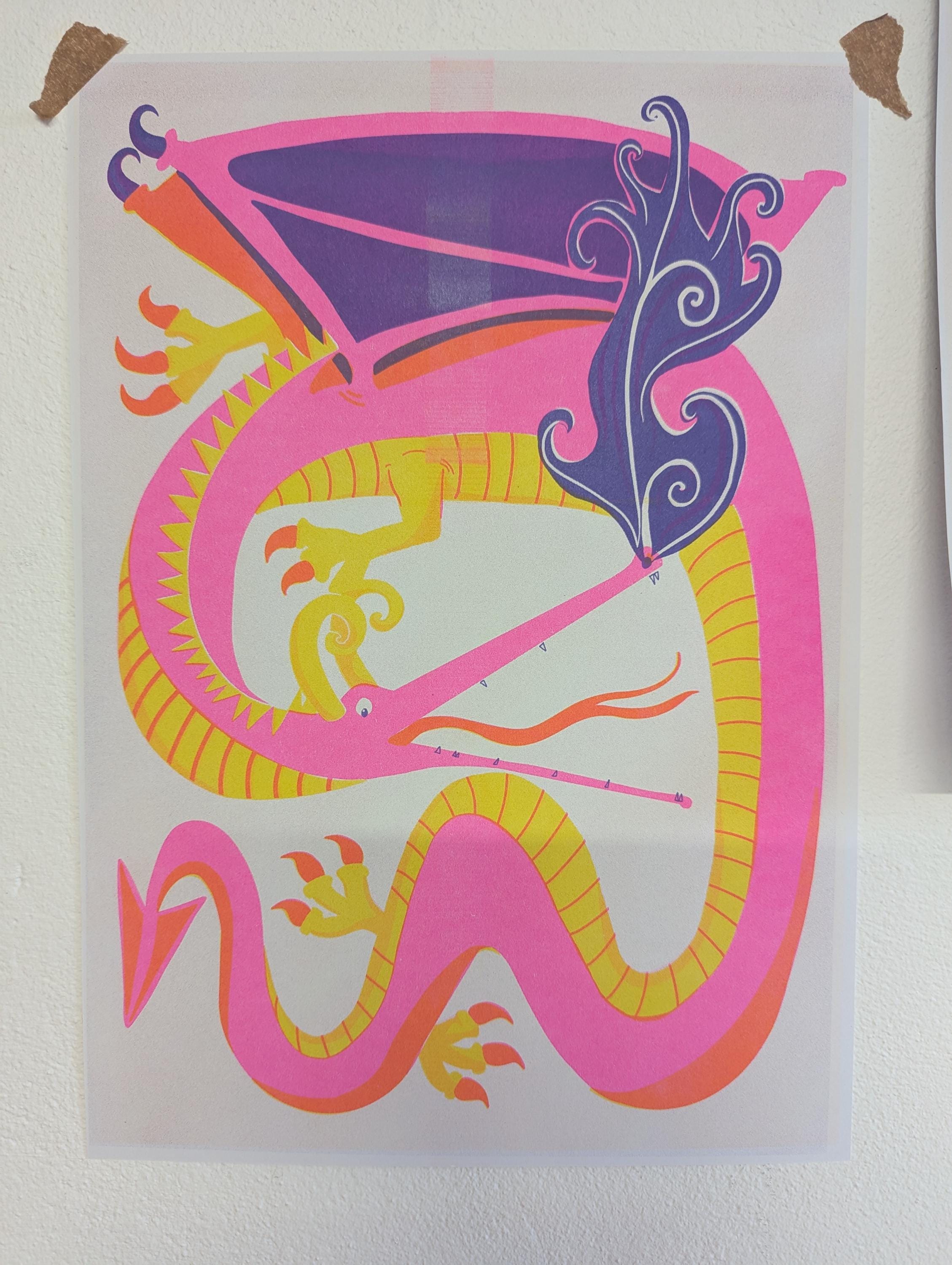 Pink Dragon Risograph Print