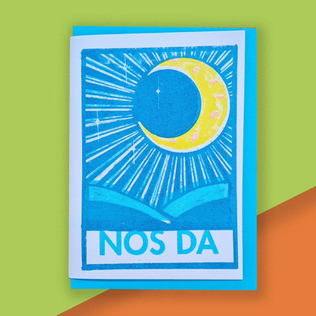 Nos Da Welsh Good Night Risograph Greeting Card